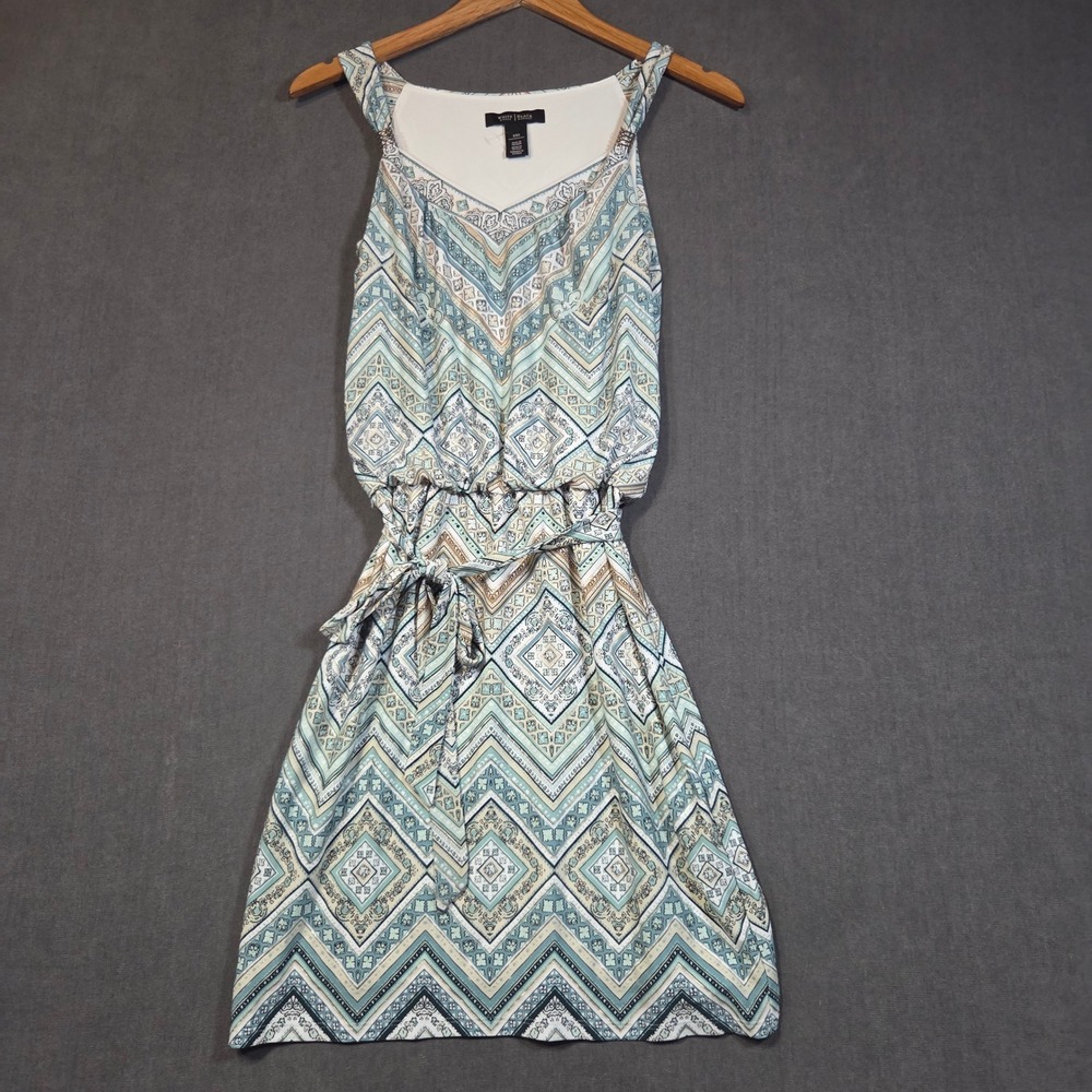 White House Black Market Dress Womens XXS Teal Geometric Chevron Belted